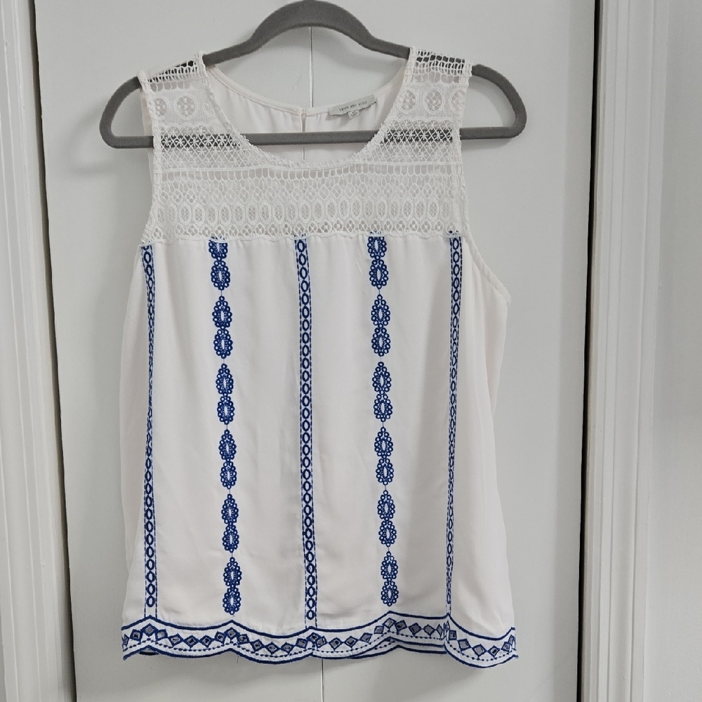 Skies Are Blue White Blouse with Blue Embroidery